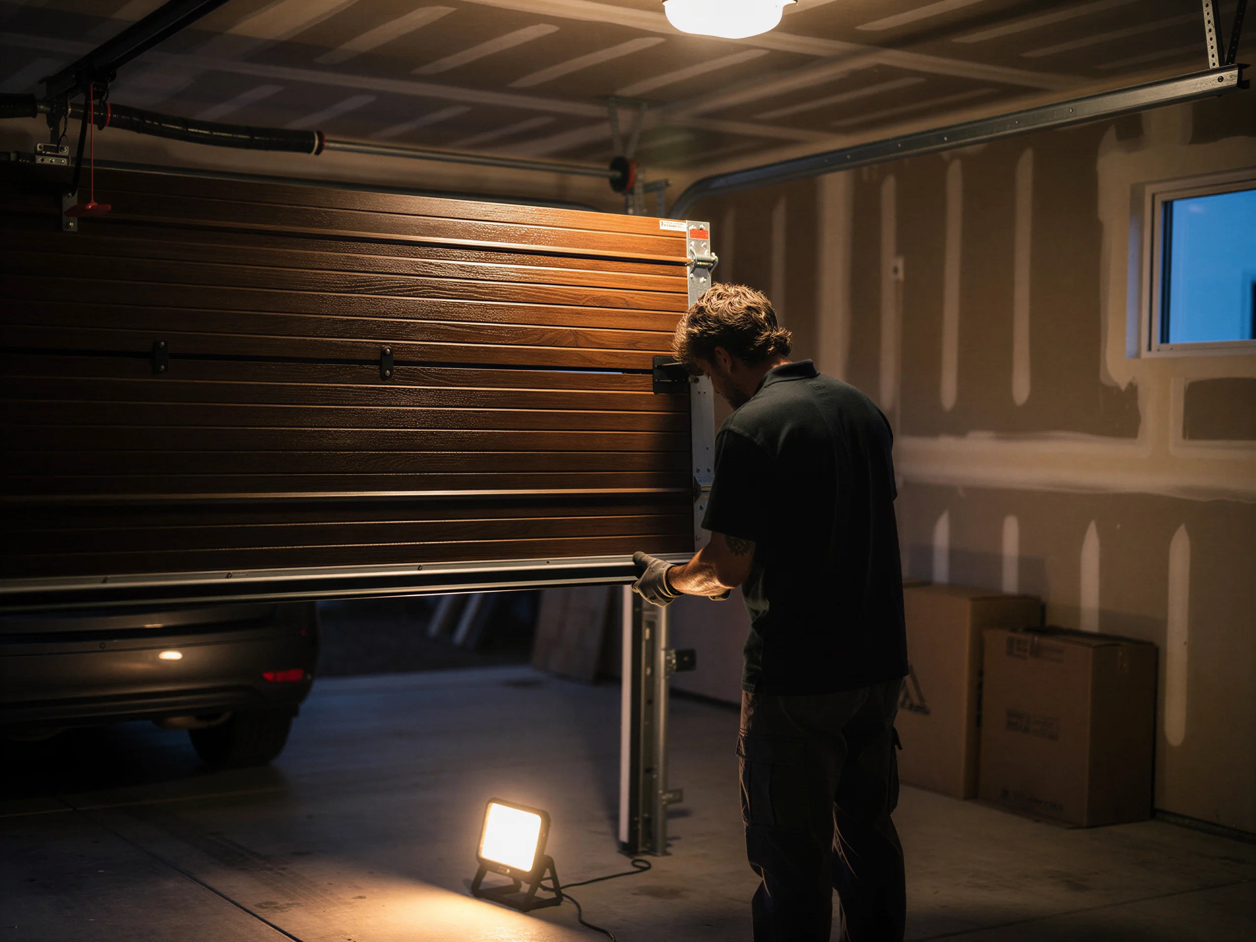 A technician works on a brown garage door in a garage with a car.