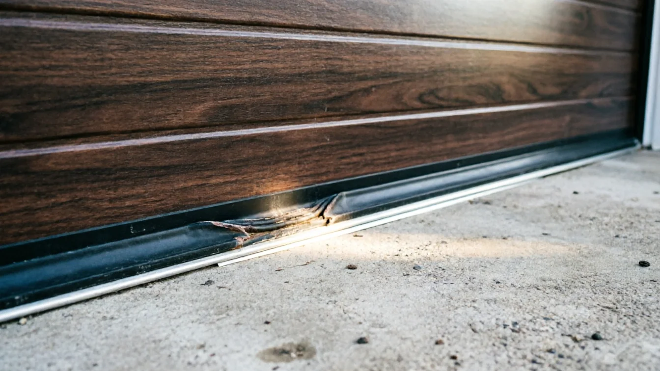 The bottom of a brown garage door has a damaged weather seal.