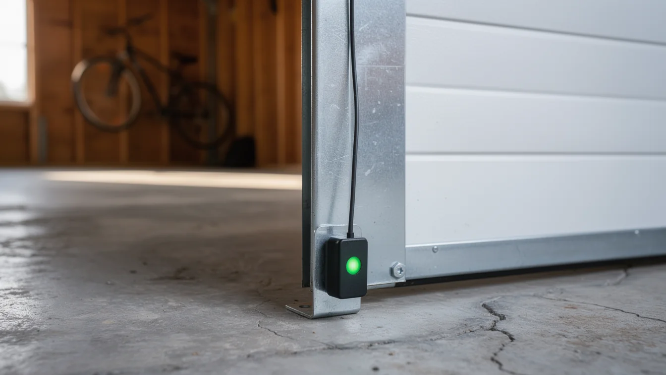 A black safety sensor with a green light is mounted on a garage door track.