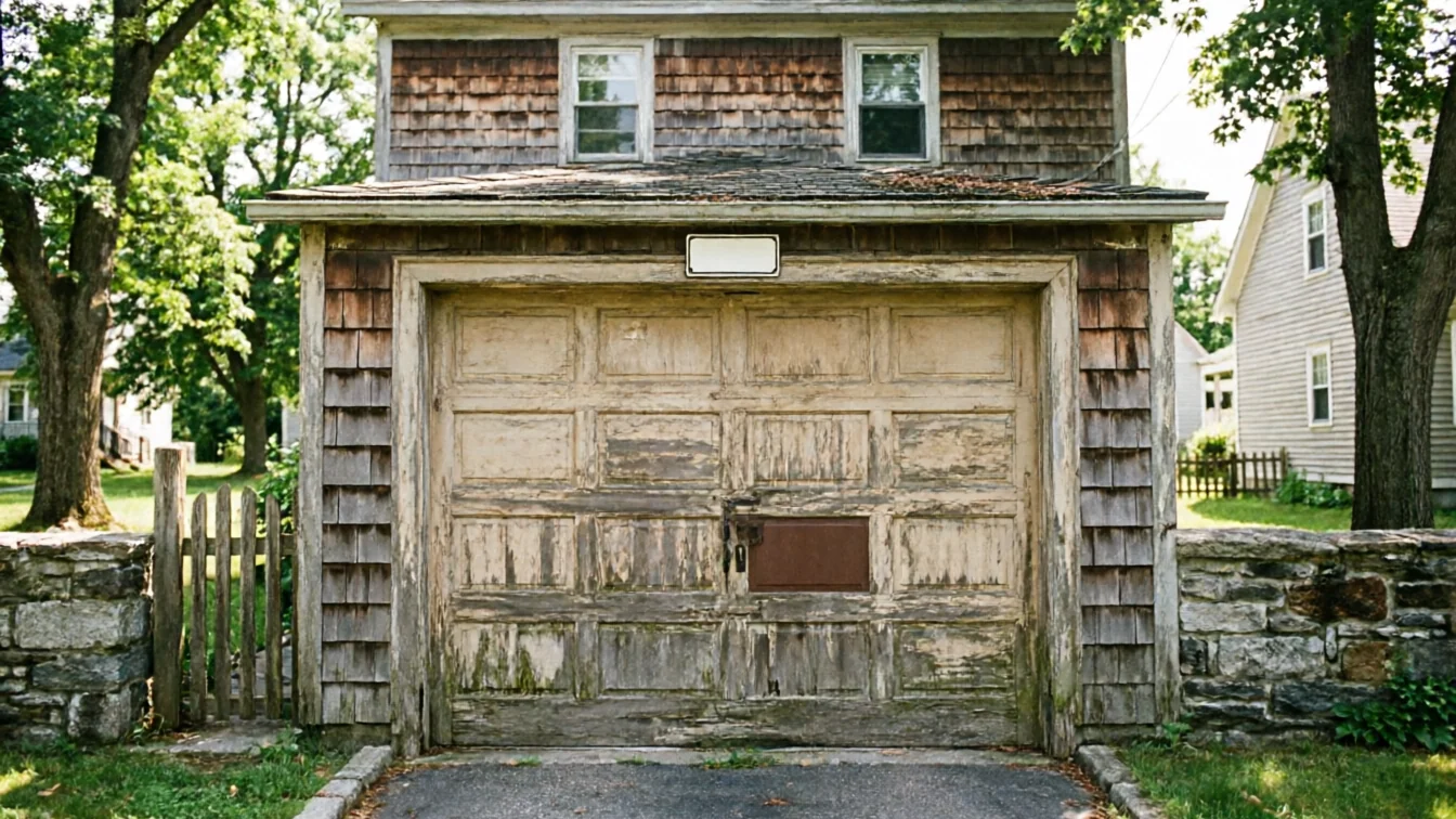 The old garage door has peeling paint and a rusted handle.