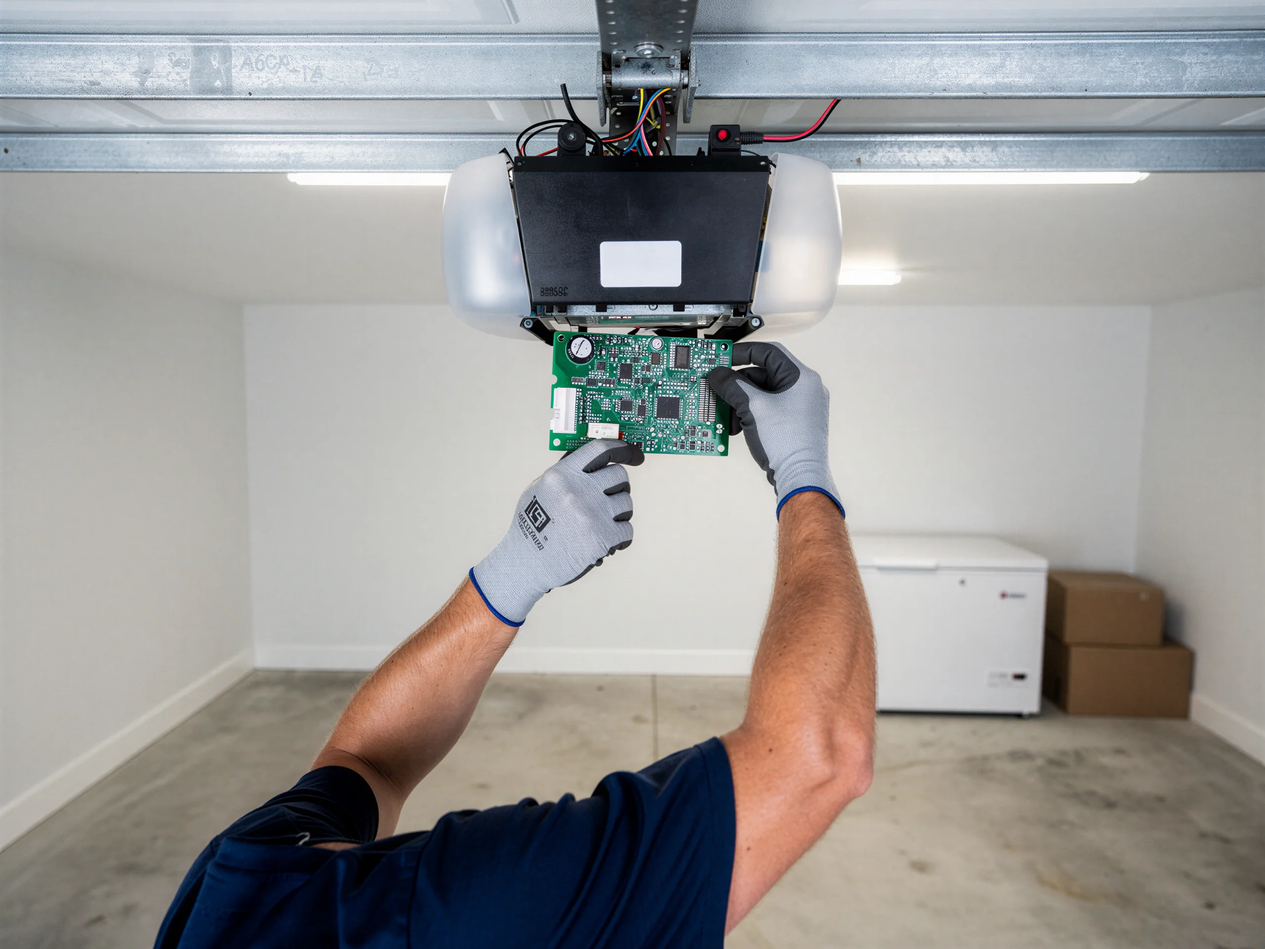 A technician wearing gloves holds a circuit board near a garage door opener.