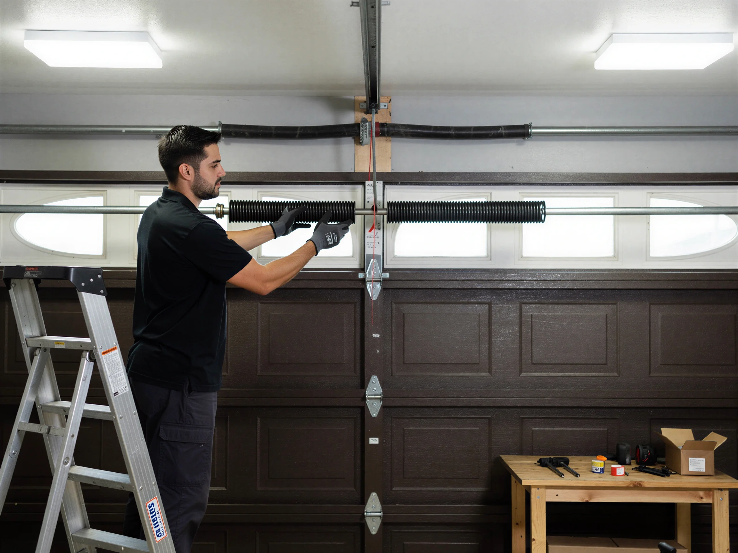 A technician installs a torsion spring on a brown garage door.